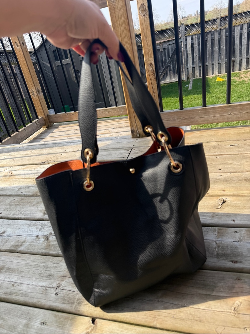 Black Faux Leather Tote Bag Orange Interior Gold Tone Hardware Shoulder Bag